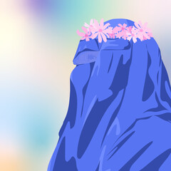 Side view of woman wearing blue Burka with pink flowers