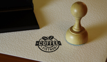 Coffee Vietnam stamp and stamping hand. Factory, manufacturing and production country concept.