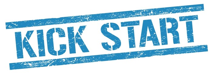 KICK START text on blue grungy rectangle stamp.