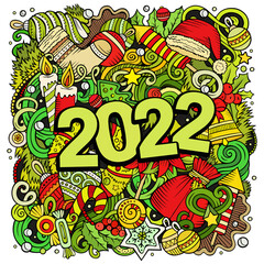 2022 hand drawn doodles illustration. New Year objects and elements poster