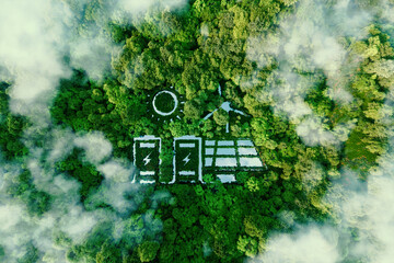 A lake in the shape of a solar, wind and energy storage system in the middle of a lush forest as a metaphor for the concept of clean and organic renewable energy. 3d rendering. - obrazy, fototapety, plakaty