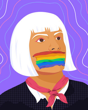 Person with LGBTQ flag covering mouth
