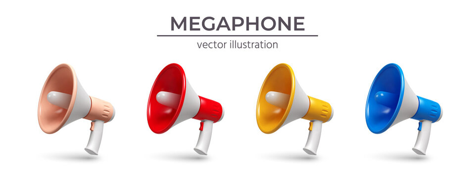 Set of four megaphones with shadow in different colors isolated on white. 3d realistic vector illustration
