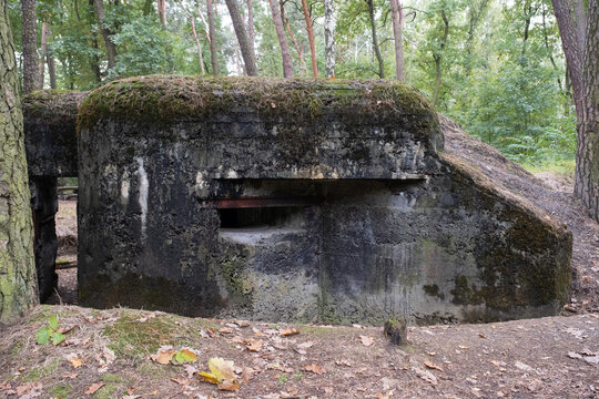 Zory, Poland - September 23, 2021. Polish defense and fortification line in Zory (bunker Zwace). Autumn cloudy day. Selective focus.