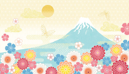 Japanese-style background　華やかなでかわいい富士山と花の和柄デザイン背景 - obrazy, fototapety, plakaty