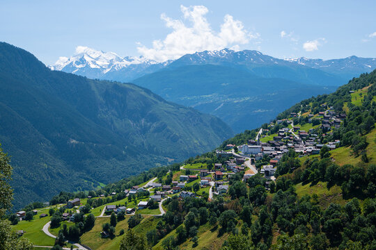 Aerial view of Mund and mountain landscape, Brig, Valais, Switzerland