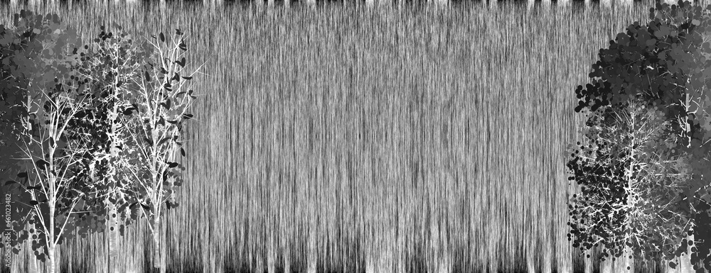 Poster striped monochrome abstract background with birch trees on the sides. clean space for text. illustra