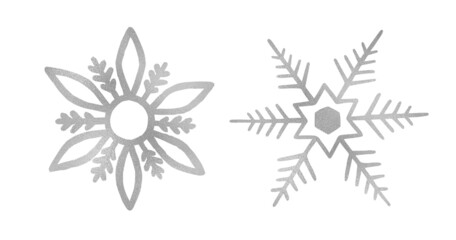 Silver snowflake for winter design. Hand drawn snowflake isolated on whit background. Silver snowflake icon. Drawing snow. Symbol winter texture. Ice crystal. Vector illustration