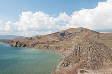 Landscape view of Black Sea coastline near Koktebel resort from the top of Chameleon cape, Crimea, Russia