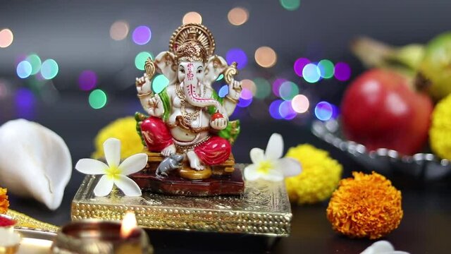 Selective Focus On Colorful Statue Of Hindu God Lord Ganesha Ganpati Bappa Morya For Worship On Diwali Puja New Year Deepawali Ganesh Chaturthi Or Shubh Deepavali Pooja