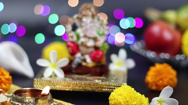 Brass Diya Or Deep Lit And Statue Of Hindu God Lord Ganesha Ganpati Bappa Morya For Worship On Diwali Puja New Year Deepawali Ganesh Chaturthi Or Shubh Deepavali Pooja