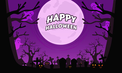Happy Halloween day background in flat design with cemetery at night.