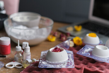 online lesson or watching a video on creating bath bombs. Online training, online classes