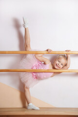 a young ballerina girl in a pink dress is engaged in a ballet studio © Елена Челышева