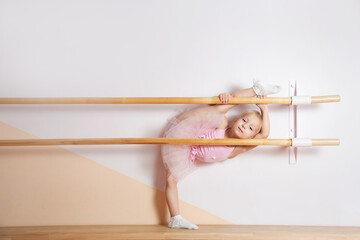 a young ballerina girl in a pink dress is engaged in a ballet studio