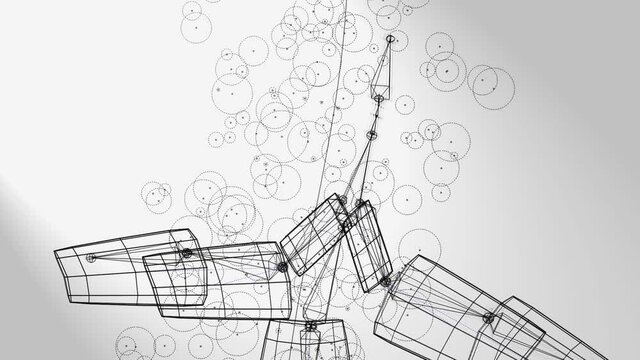 3d animation, a flying robot above a flow of particles ( lines art )