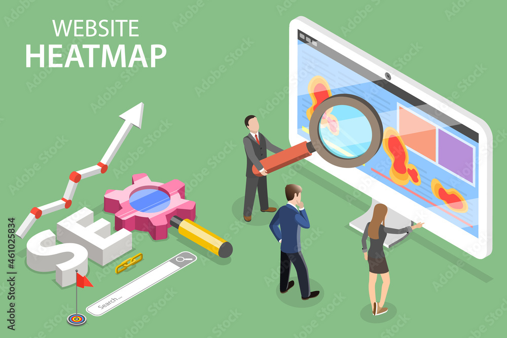 Poster 3d isometric flat vector conceptual illustration of website heatmap, user behavior analysis tool