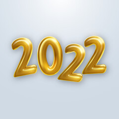 Happy New 2022 Year. Realistic Holiday vector illustration of golden metallic numbers 2022. 3d sign.