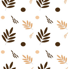 Vector cute seamless pattern with brown leaves and herbs in Scandinavian style for fabrics, paper, textile, gift wrap isolated on white background