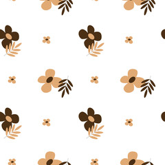 Vector cute seamless pattern with brown flowers herbs in Scandinavian style for fabrics, paper, textile, gift wrap isolated on white background