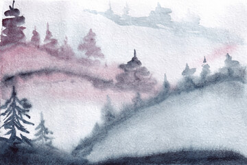 Watercolor blurred landscape with fir and fog mountains. Watercolor background