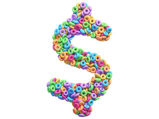 Corn flakes rings font. Dollar symbol. 