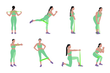 Woman doing exercises with fitness elastic band on white background, collage. Vector illustration