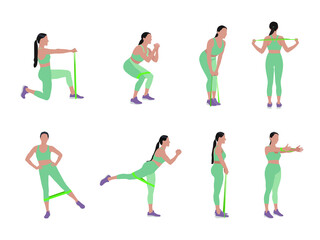Woman doing exercises with fitness elastic band on white background, collage. Vector illustration