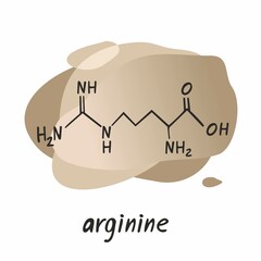 Chemical formula of the amino acid arginine is isolated on a grey abstract background. Symbol of an organic compound. Structure of an interchangeable amino acid. Cartoon flat vector illustration.
