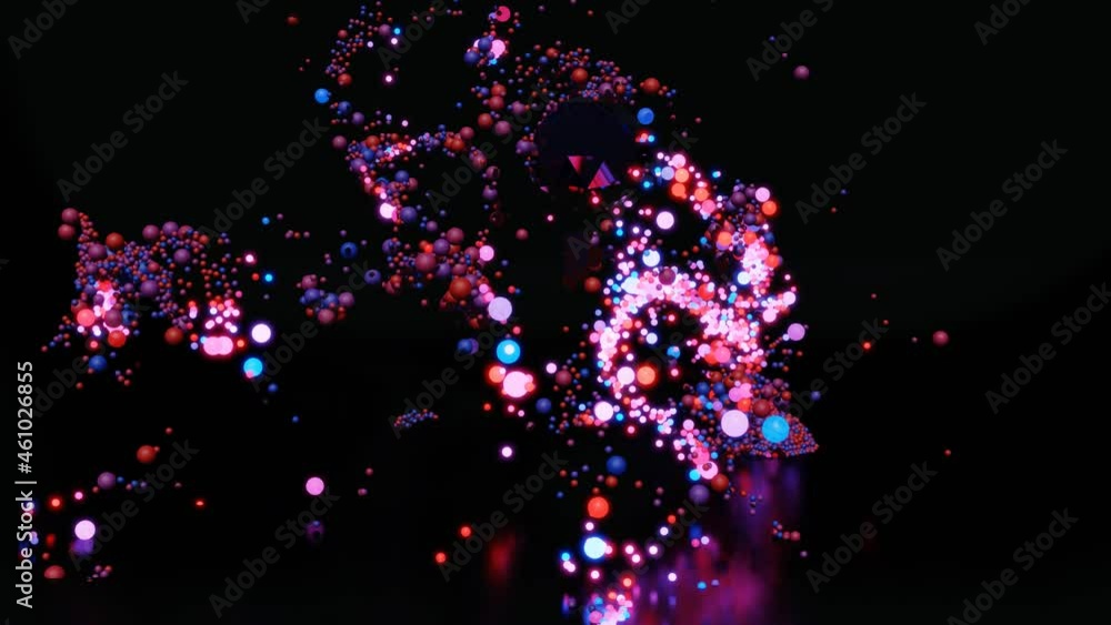 Poster multicolored spheres fly in air and form pattern in 3d space. balls light up and go out like a new y