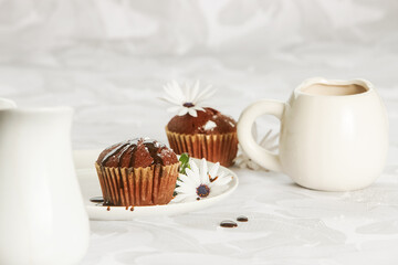 homemade muffins served for breakfast or dessert, cupcakes on light white-grey background. 