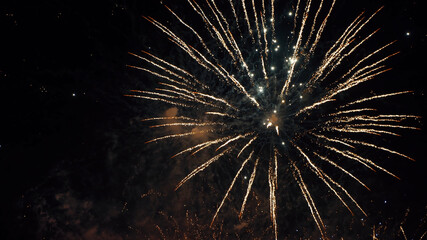 Fireworks Festival Background. Shining Real Fireworks With Bokeh Lights In The Night Sky. Glowing Fireworks Show. New Year's Eve Fireworks Celebration Holiday. Colorful Firework Flashes At Night