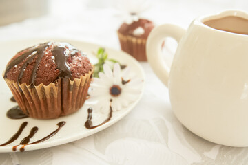 homemade muffins served for breakfast or dessert, cupcakes on light white-grey background. 
