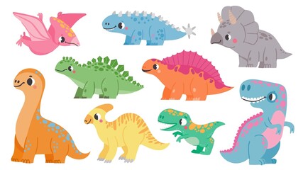 Set with funny dinosaurs. Collection of cartoon baby dinos. Cute brontosaurus, velociraptor, triceratops, tyrannosaurus rex. Jurassic period. Kids vector illustration © leitis