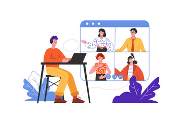 People video chatting online. Men and women talking at screen scene isolated. Remote friendship, internet communication, business video conference concept. Vector illustration in flat minimal design