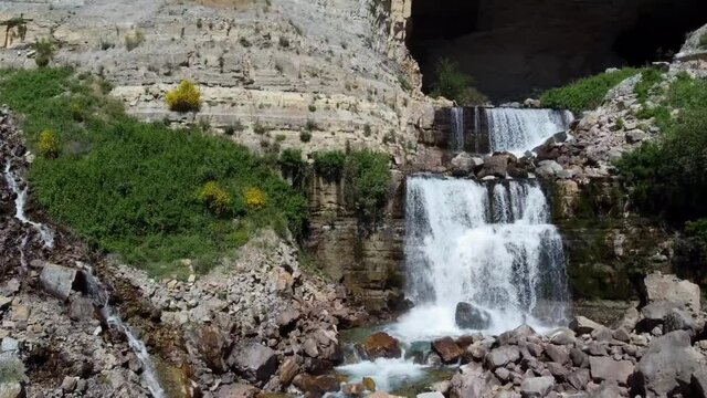 Powerful Waterfalls Of Afqa During Spring In Lebanon - aerial drone shot