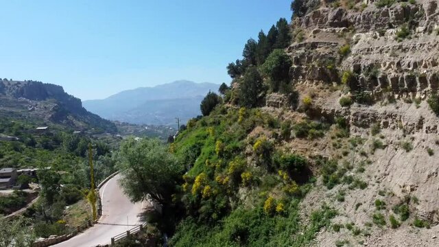 Strong Stream From Afqa Waterfall And Scenic Landscape In Lebanon - aerial drone shot