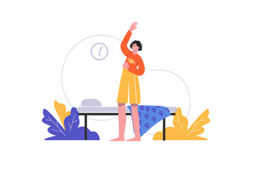 Woman is doing morning exercises in bedroom. Young girl warming up and doing stretching, people scene isolated. Healthy lifestyle, home workout concept. Vector illustration in flat minimal design