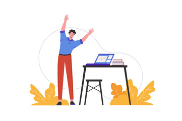 Fototapeta premium Man does warm-up at workplace in office. Employee doing exercises while working, people scene isolated. Healthy lifestyle and physical activity concept. Vector illustration in flat minimal design