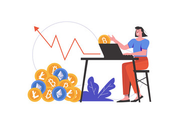 Cryptocurrency mining concept. Woman earns in crypto business, buys or sells digital money, people scene isolated. Blockchain technology and bitcoin mining. Vector illustration in flat minimal design