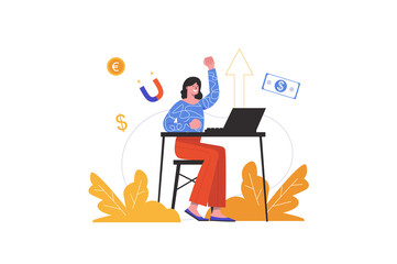 Woman earning online by working on laptop at home. Businesswoman increases income in Internet, people scene isolated. Freelance and e-business concept. Vector illustration in flat minimal design