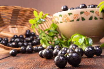 Jabuticaba, Jabuticabas freshly harvested and not yet washed in details on a straw mat, selective focus.