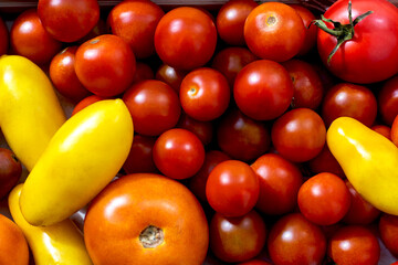 Red and yellow tomatoes of different varieties and sizes as a background, top view