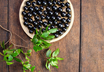 Jabuticaba, Jabuticabas freshly harvested in pots and baskets arranged on rustic wood, top view.