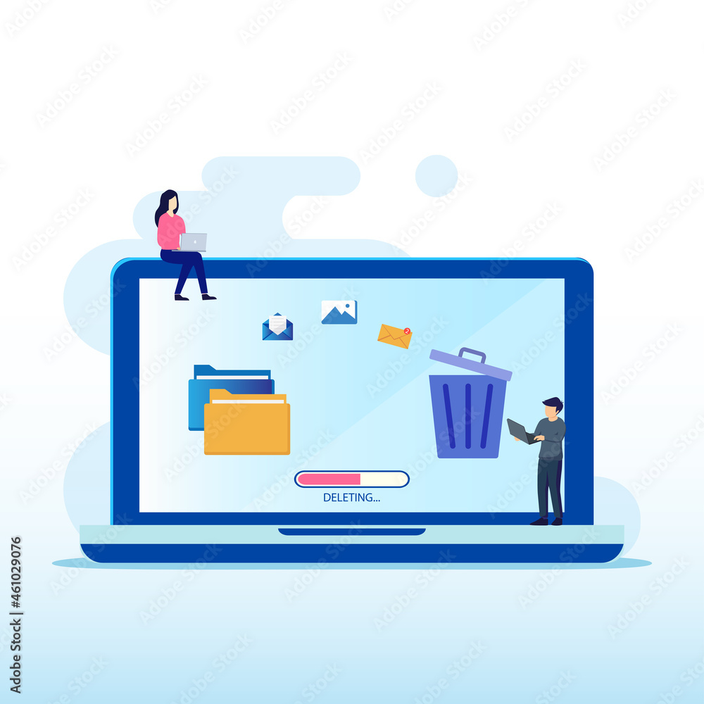 Poster delete concept. cleaning digital memory. people character deleting data and move unnecessary files t