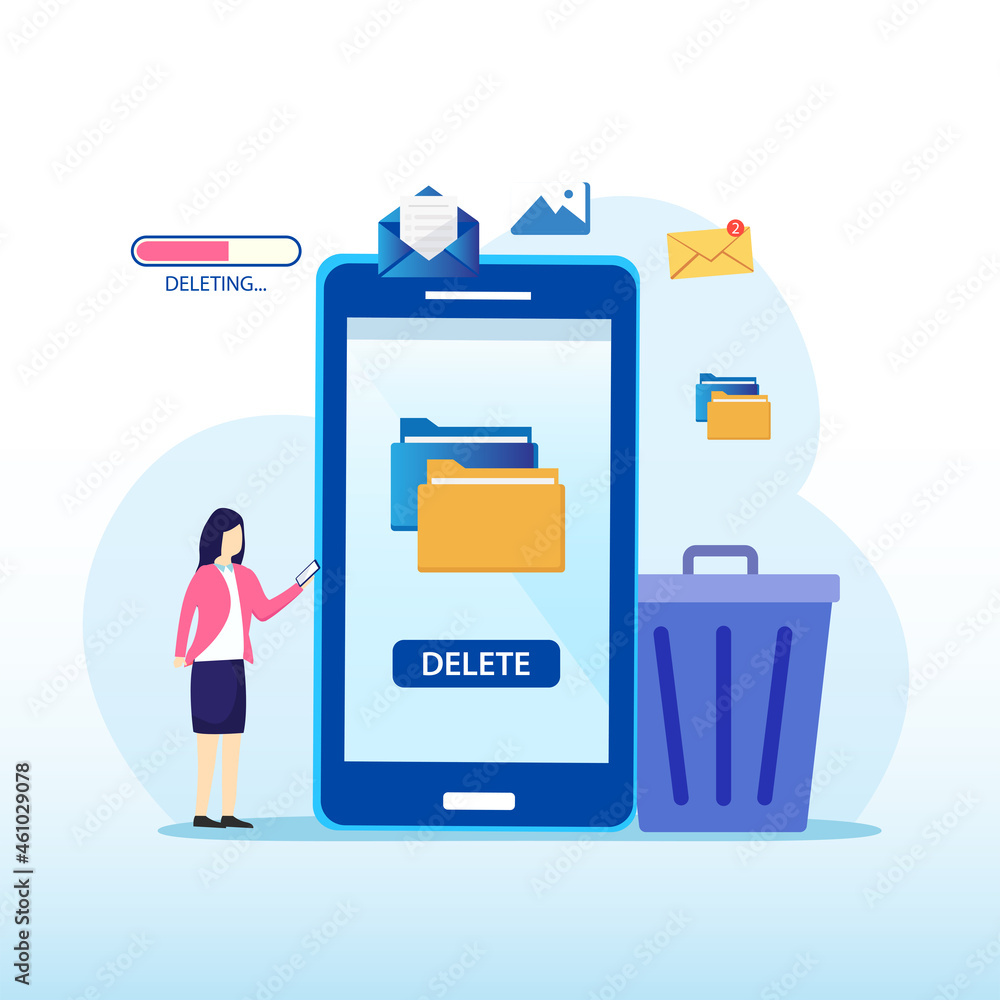 Poster delete concept. cleaning digital memory. people character deleting data and move unnecessary files t