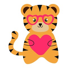 Cute cartoon striped tiger. Printing for children's T-shirts, greeting cards, posters. Hand-drawn vector stock illustration.