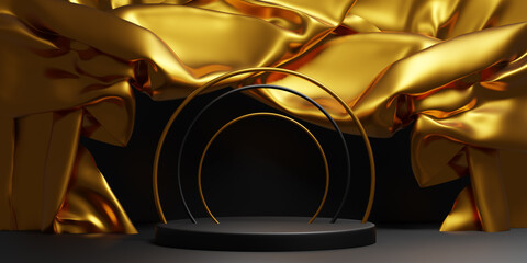 Abstract geometric black and golden elegant podium scene for product presentation. 3d illustration