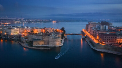 Aerial view of Taranto city at night