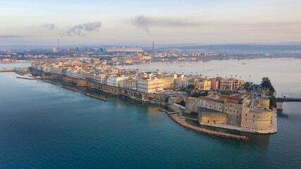 Panoramic view of Taranto city, castle and steel plant